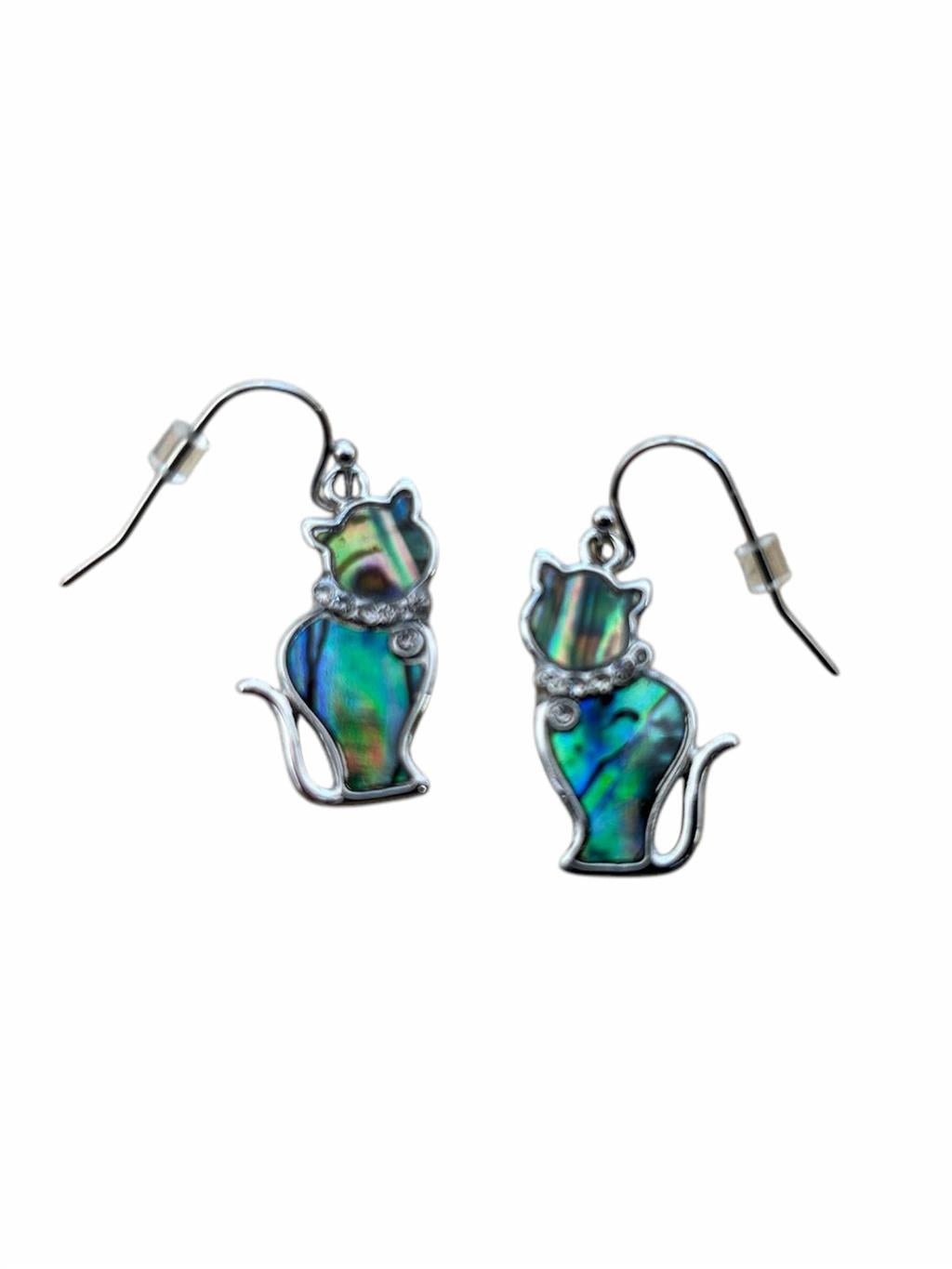 Tide Jewellery Inlaid Paua Shell Cat Kitten Kitty Dangle Drop Earrings