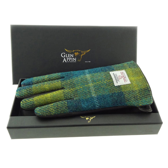 Ladies 100% Sea Blue & Green Harris Tweed Traditional & Brown Leather Gloves - Gift Boxed