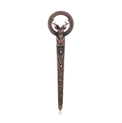 Scottish Highland Stag Celtic Knot Circle & Thistle Chocolate Bronze Pewter Kilt Pin