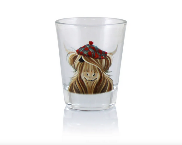 Scottish Highland Cow With Bunnet McMoo Hamish Tote Shot Wee Dram Glass