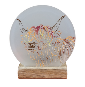 LT Creations Colourful Engraved Scottish Highland Cow Coo Design Round Tealight Holder With Whisky Barrel Stand