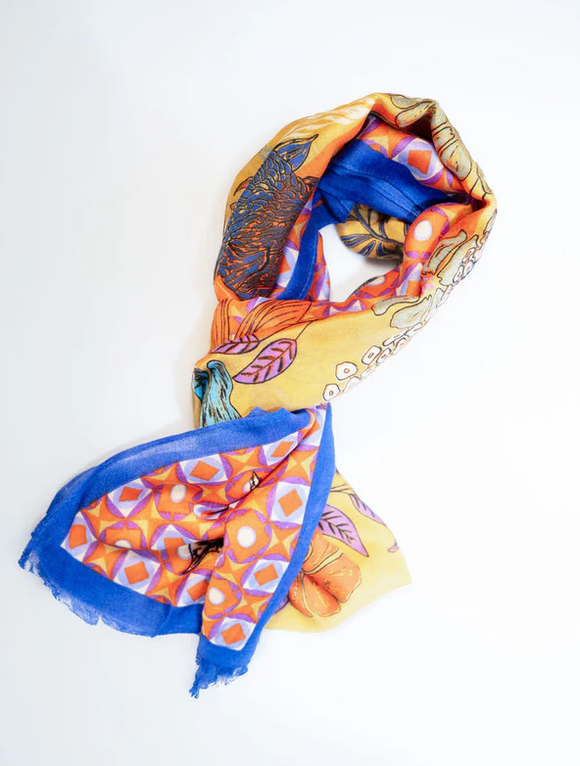 Lovely Lightweight Colourful Botanical Floral Design Scarf In Mango