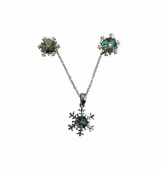 Tide Jewellery Inlaid Paua Shell Snowflake Stud Earrings & Necklace Set