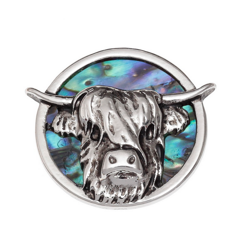 Tide Jewellery Inlaid Paua Shell Scottish Highland Cow Coo Pin Badge