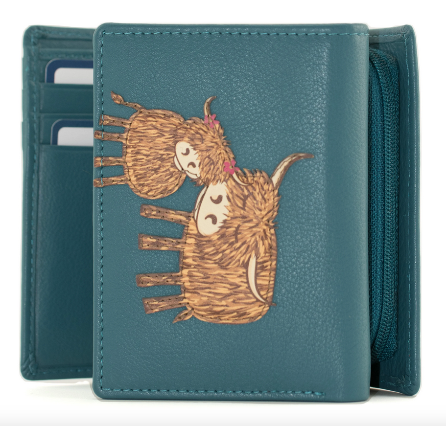 Highland Cow Leather Mum & Daughter Teal Purse