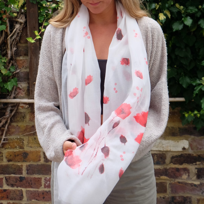 White Realistic Red Poppy Scarf