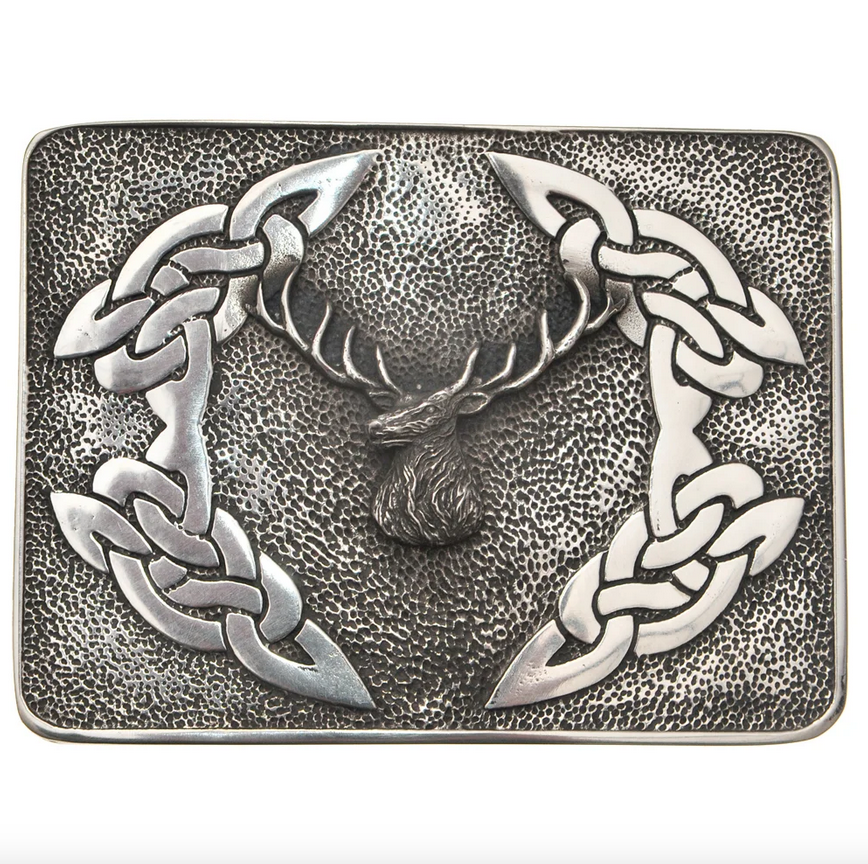 Pewter Celtic Knot & Stag Belt Buckle