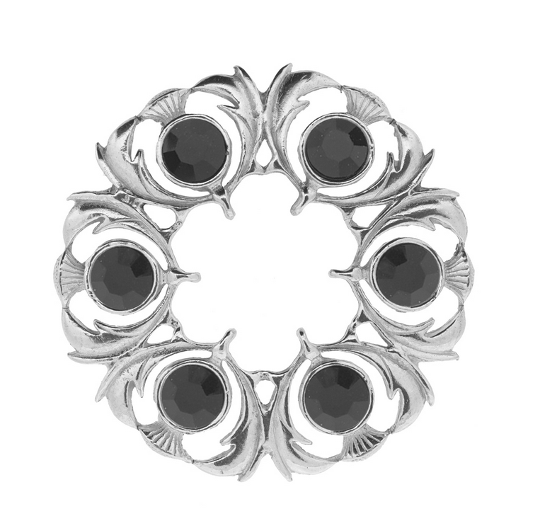 Polished Pewter Black Stone Thistle Dancers Brooch