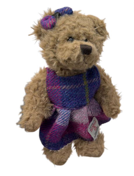 Scruffy Teddy Bear With Tartan Dress & Bow