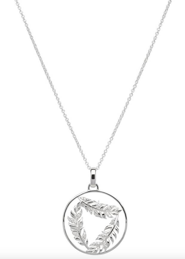 Sterling Silver Cubic Zirconia Triple Feather Circle Pendant and Chain