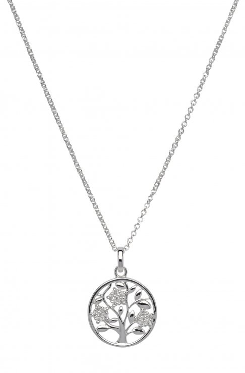 Sterling Silver Cubic Zirconia Tree Of Life Circle Pendant and Chain