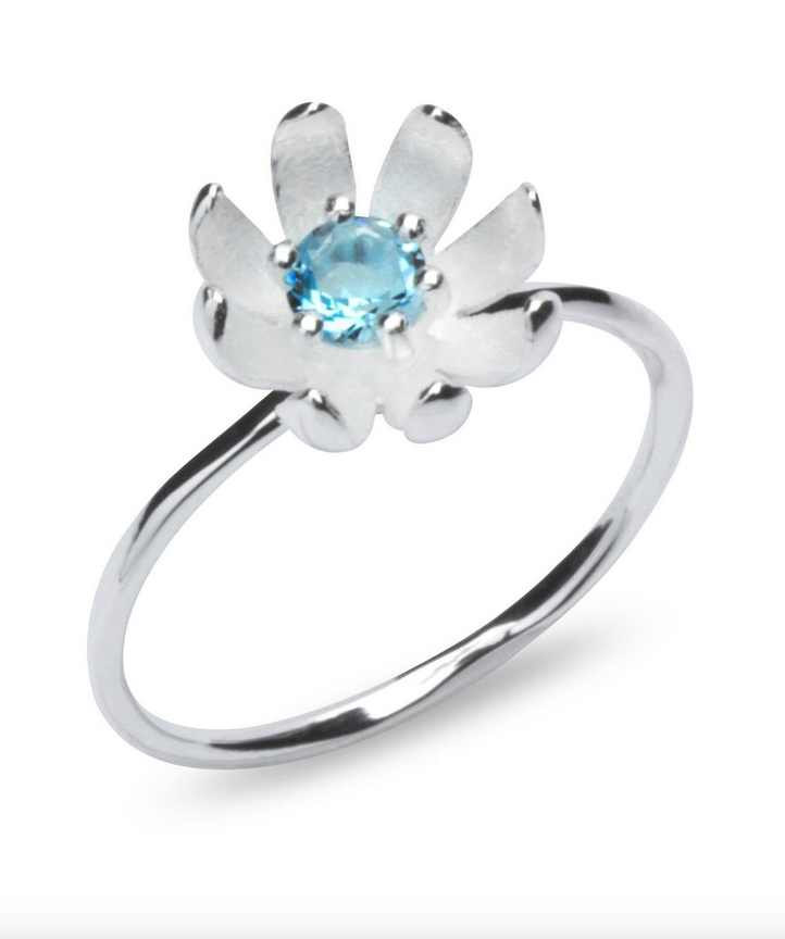 Stunning Sterling Silver Blooming Floral Ring With Blue Coloured CZ Stone