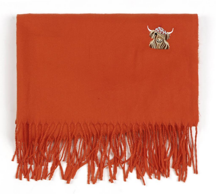 McMoo Scottish Hamish The Highland Cow Embroidered Scarf - Orange