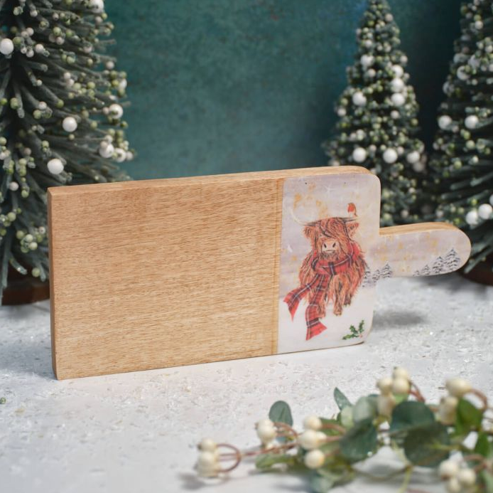 Festive Highland Cow With Tartan Scarf Serving Board
