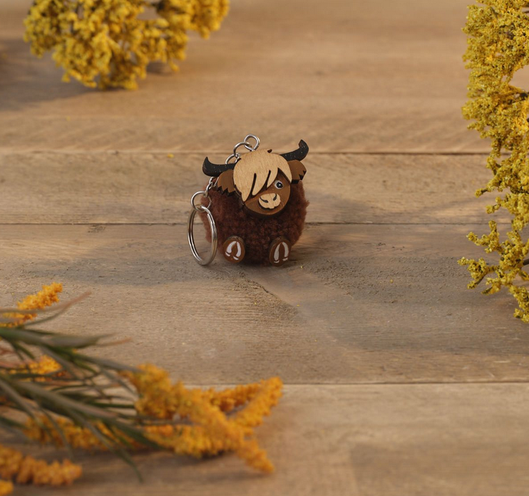 Wooden Face Pom Pom Highland Cow Keyring
