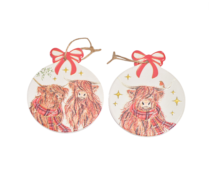 Festive Highland Cow With Tartan Scarf Tree Hanger - 2 Designs Available