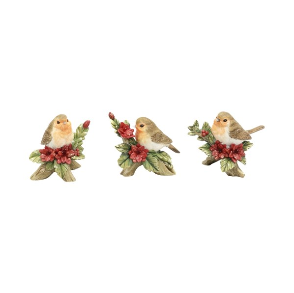 Set Of 3 Robin & Poinsettia Figurines
