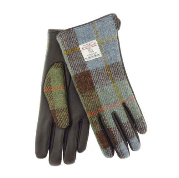 Ladies Brown Leather & Harris Tweed Gloves in Green Brown Blue MacLeod