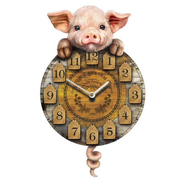 Piggin' Tickin' Rustic Style Wooden Pig Piglet Swinging Pendulum Clock