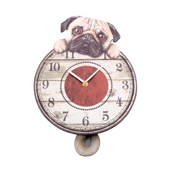 Puggin' Tickin' Rustic Style Wooden Pug Dog Swinging Pendulum Clock