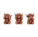 Three Wise Highland Cows Coos - Hear No, Speak No, See No Evil Figurines
