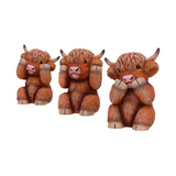 Three Wise Highland Cows Coos - Hear No, Speak No, See No Evil Figurines