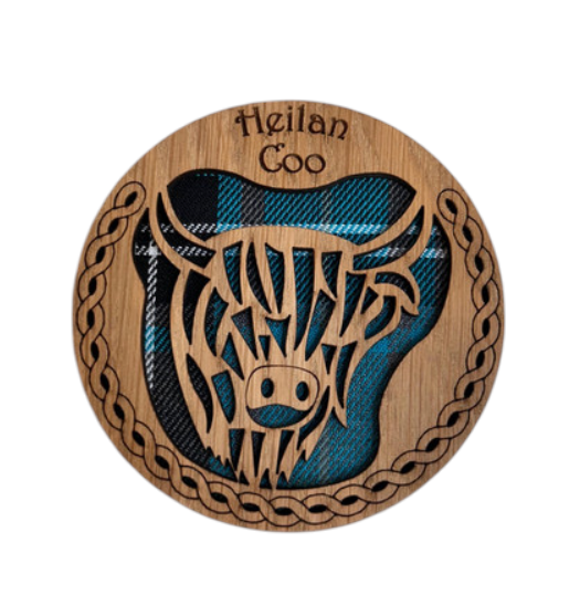 Wooden "Heilan Coo" Coaster - 4 Tartans
