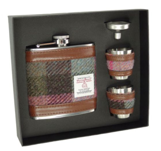 Green And Rose Pink Tarten Hip Flask Gift Set