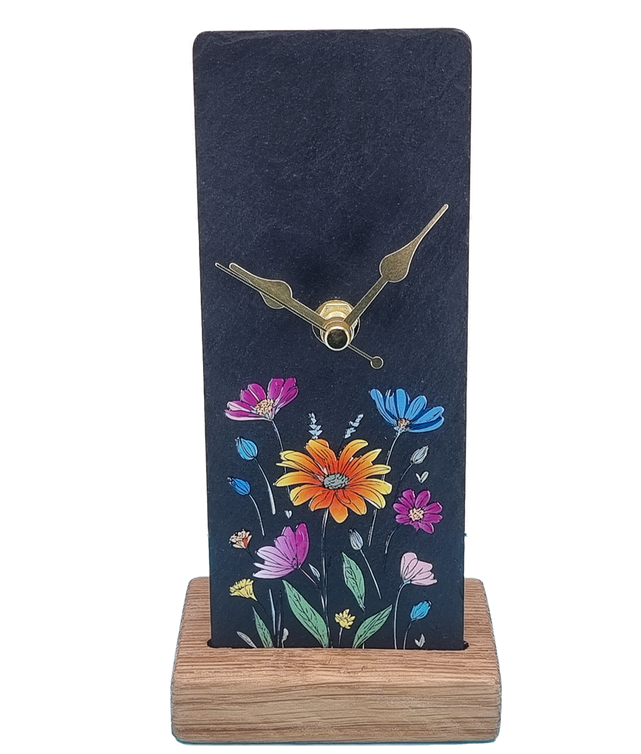Slate Wildflowers Clock - Whisky Barrel Stand
