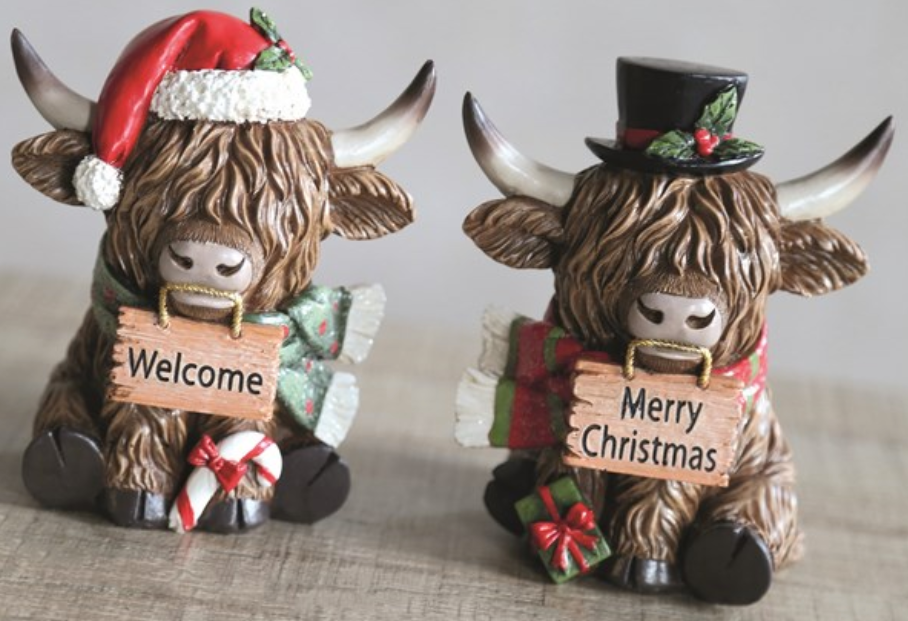 Sitting Highland Cow Christmas Pair