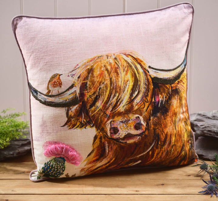 Highland Cow Thistle Robin Cushion