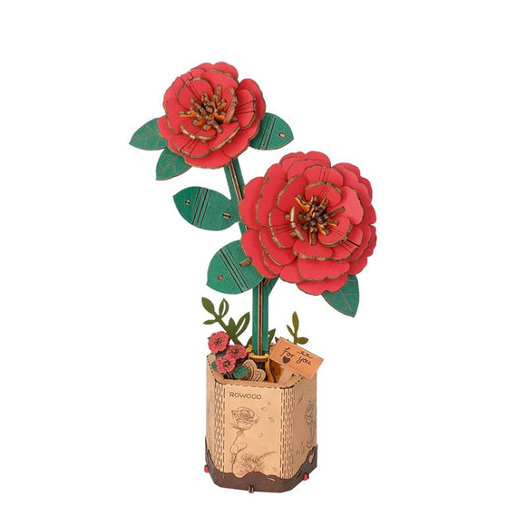 Beautiful Build It Yourself Wooden Red Camellia Pot Model Building Kit