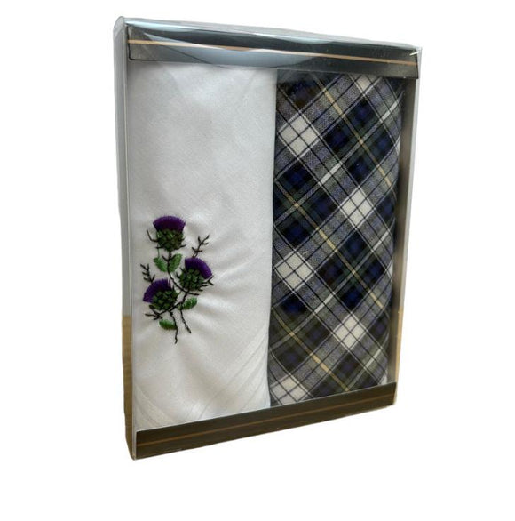 Pack of 2 Ladies Handkerchiefs Hankies Dress Gordon Tartan & Thistle Embroidery