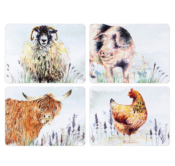 Set of 4 Country Life Table Placemats - Highland Cow Sheep Chicken Pig