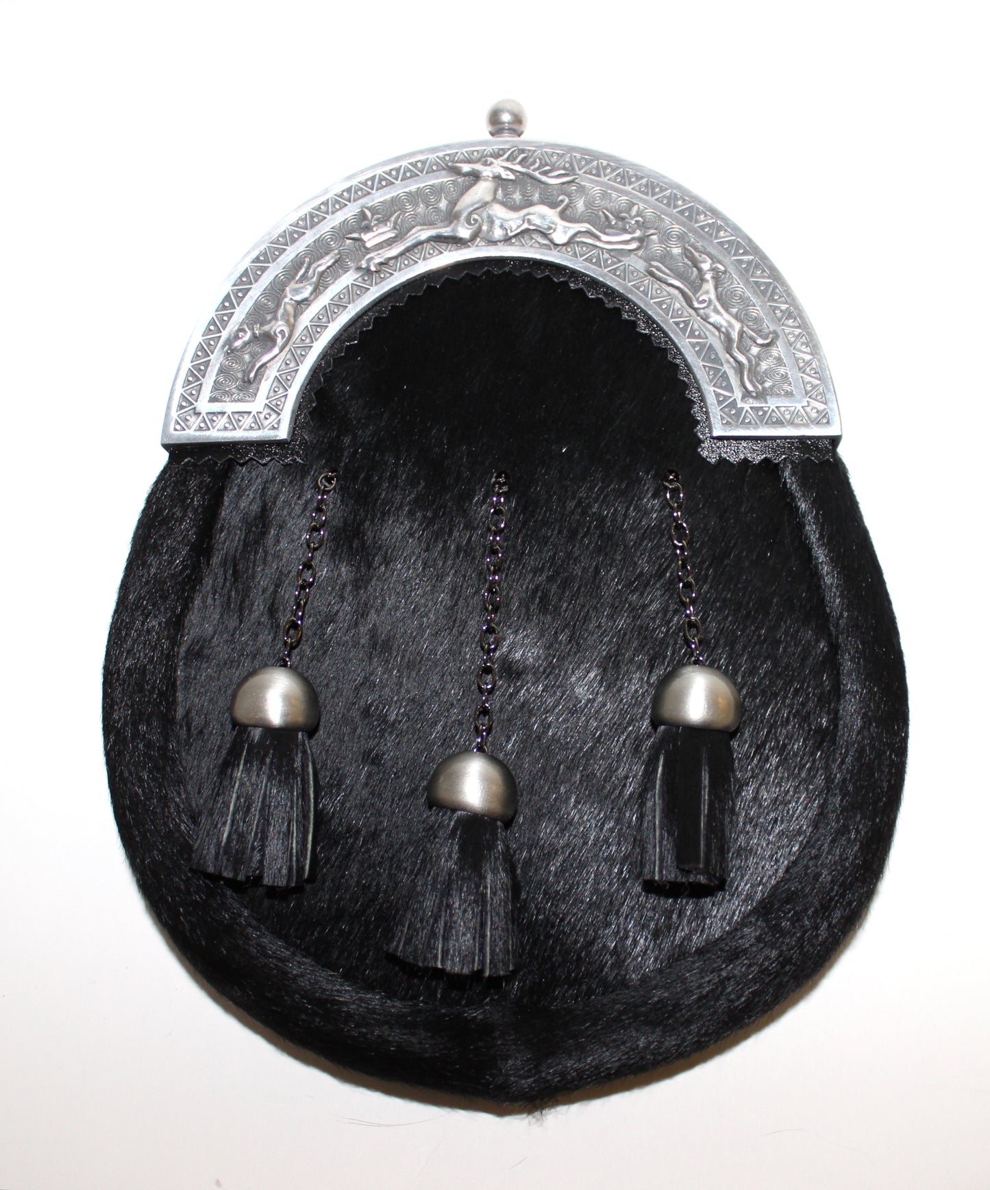 Stag and Hounds Dress Sporran Black Hide Antique Finish