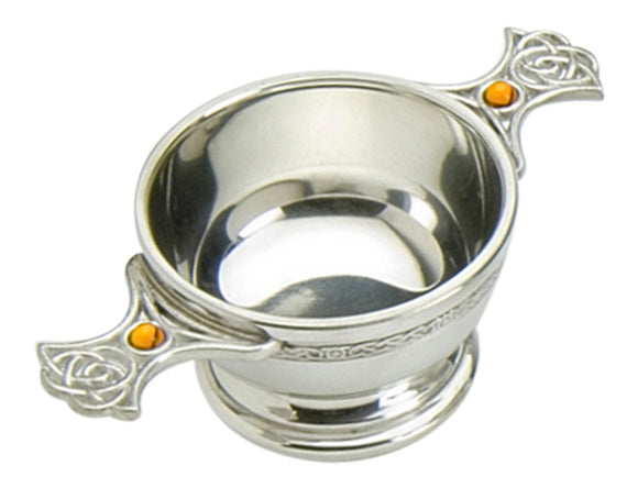 Traditional Scottish 2 Inch Pewter Toasting Quaich - Eternal Celtic Handles inset with Topaz