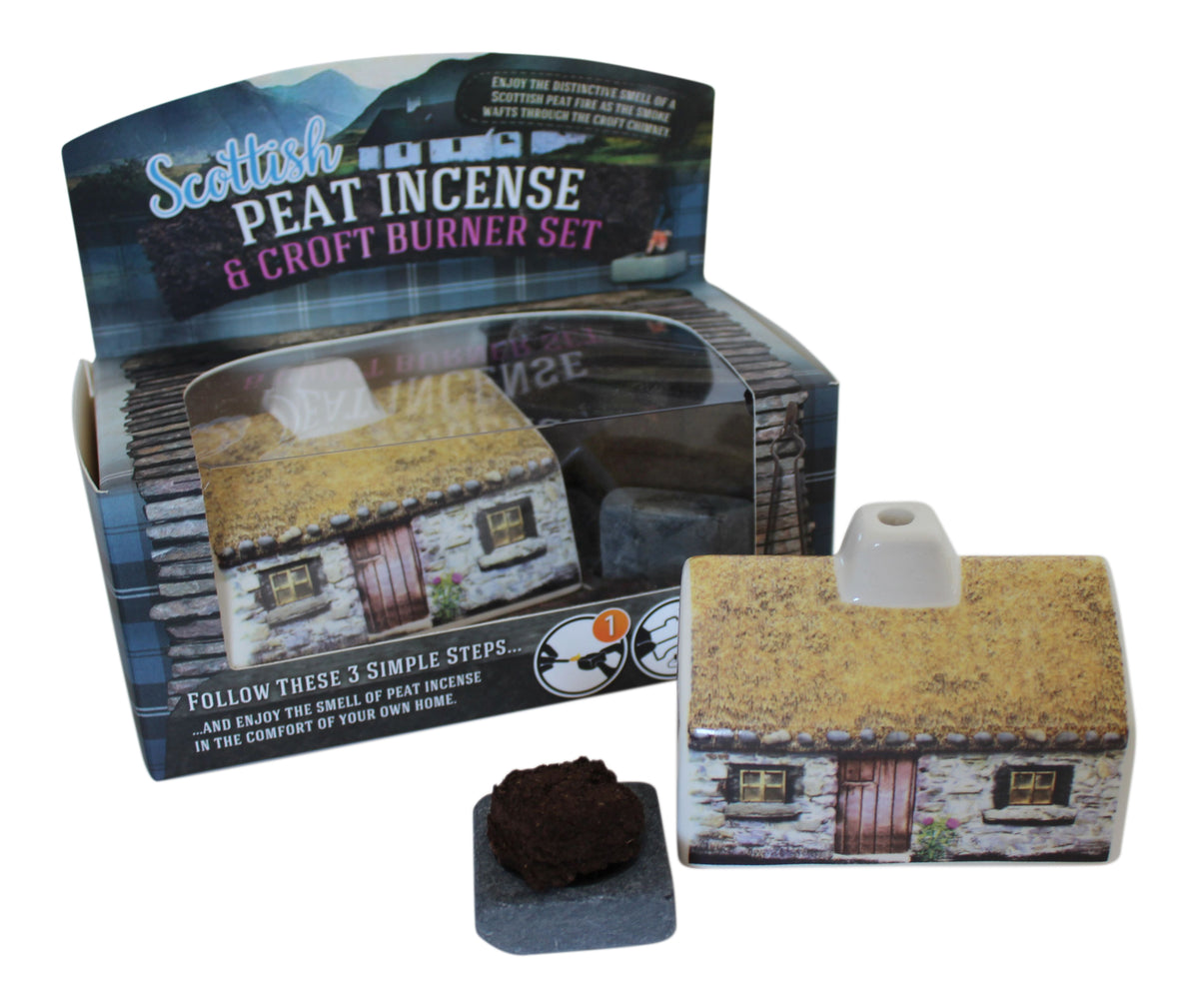 Scottish Turf Peat Incense With Ceramic Traditional Highland Cottage B