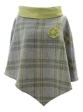 Stunning Green Grey Orchard Check Tweed Poncho Cape Wrap with Contrasting Silk Roll Neck Collar