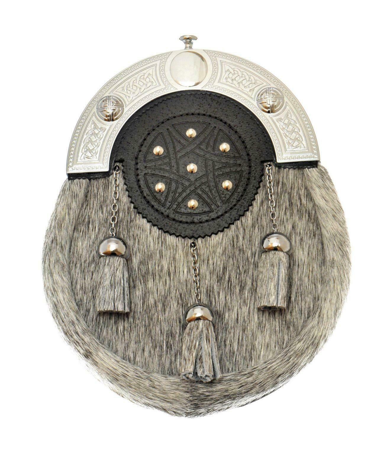 Grey Bovine Dress Sporran Chrome Swirl Cantle