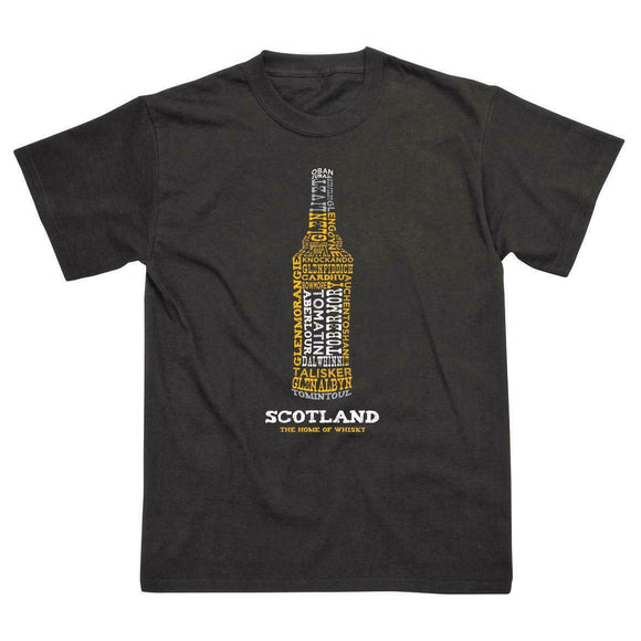 Scotland - The Home of Whisky T-Shirt Features a Bottle Full of Famous Malt