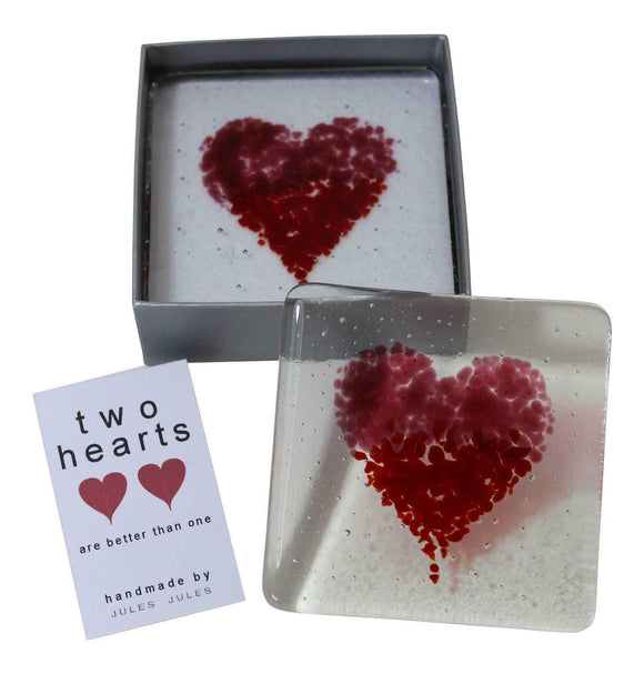 Pair of Handcrafted Glass Coasters Featuring a Red Heart Love Valentine's Day