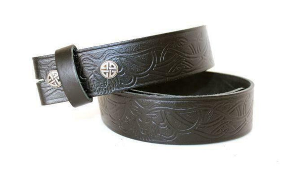 100% Real Leather Celtic Stag Snap On Belt Strap Black Trousers or Jeans