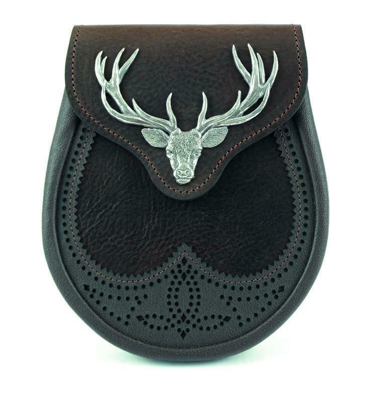 Brown Leather Semi Dress Sporran Stag Embossed