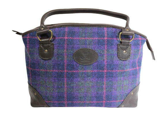 Wild Scottish Deerskin Leather Purple Check Harris Tweed Large Sophie Tote Bag