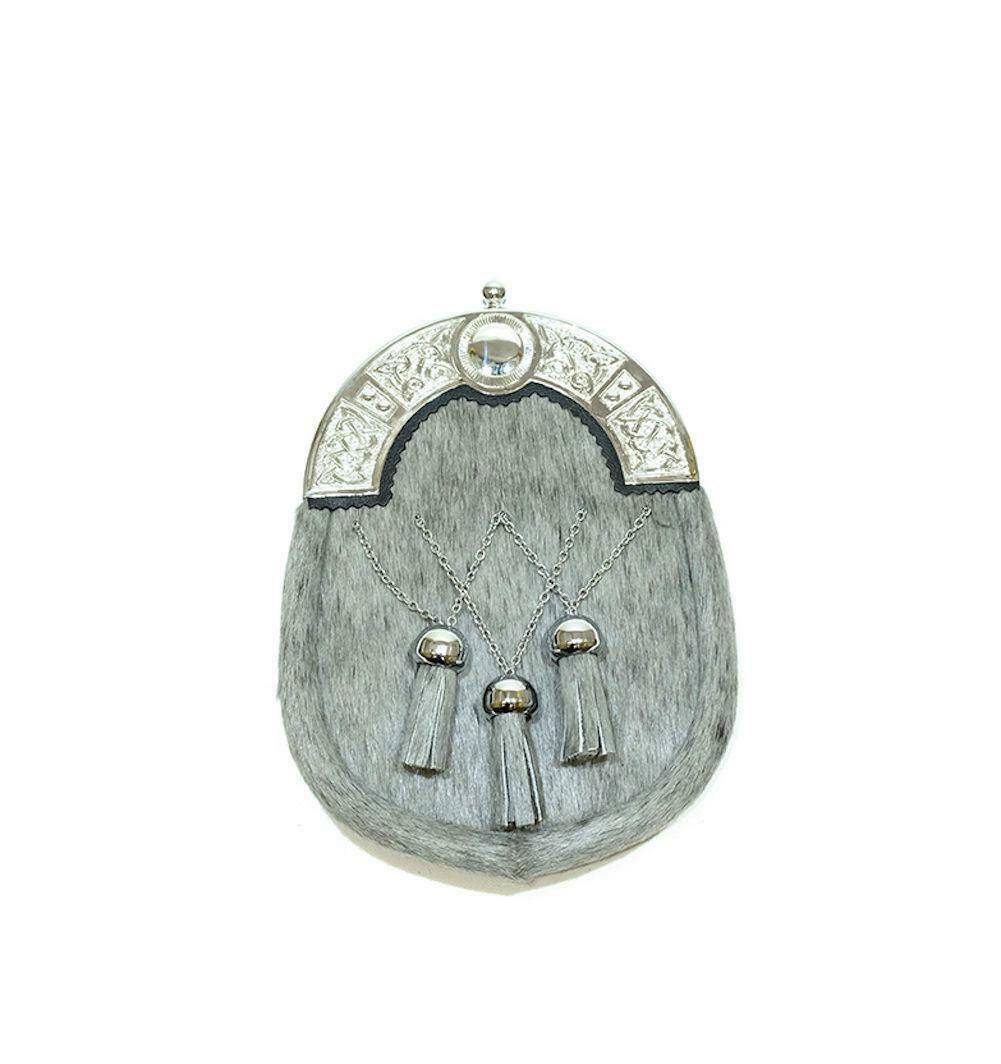 Light Grey Calf Skin Full Dress Traditional Scottish Sporran with Celtic Cantle