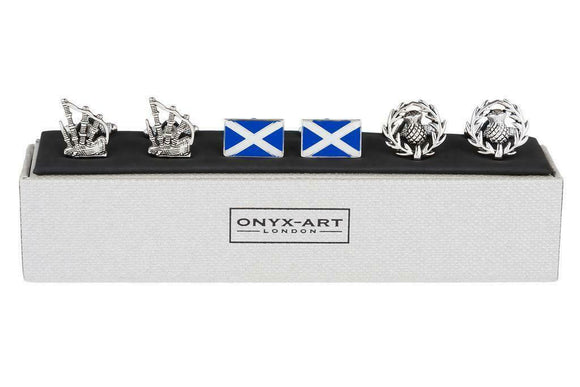 Onyx Art Set Of 3 Scotland Flag Scottish Thistle Bagpipe Mens T-bar Cufflinks