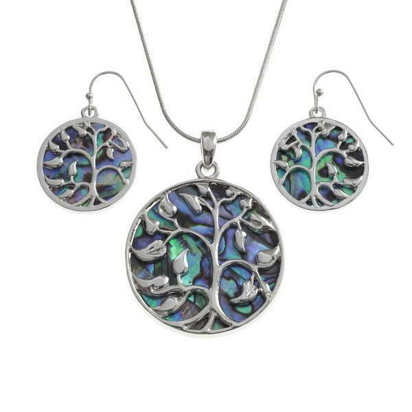 Paua Shell Tree Of Life Pendant Earring Set