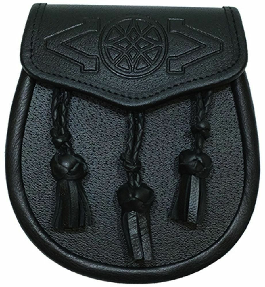 Scottish Black Leather Kilt Sporran With Tassels – Traditional Day Wear Sporran, 7x7 Inch