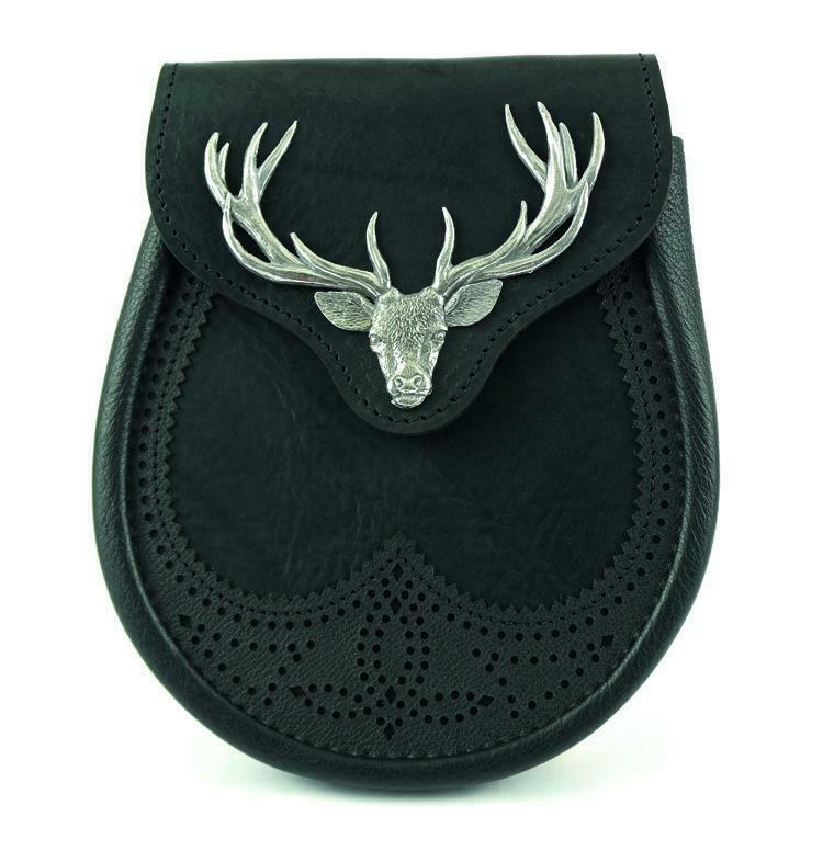 Black Leather Semi Dress Sporran Chrome Stag