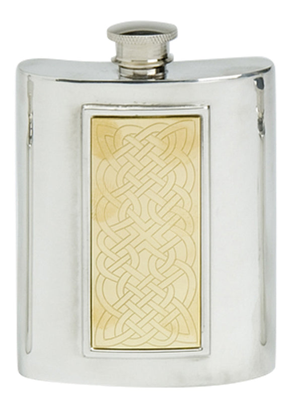 Stylish 6oz Square Polished Pewter Handcast Bottle Pocket Hip Flask Featuring Brass Celtic Rope Insert